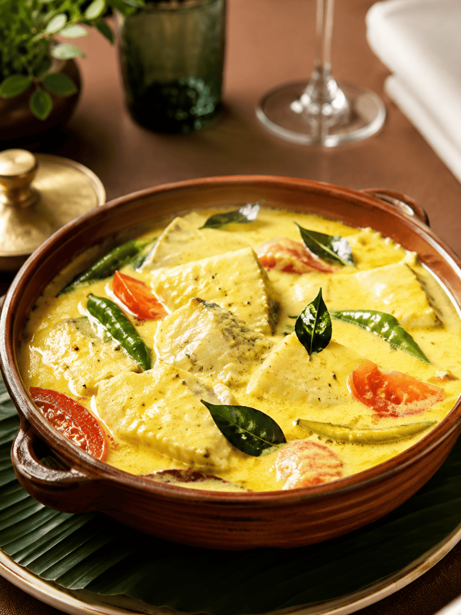 Fish moilee in a clay pot, authentic Kerala food in Trivandrum at Imperial Kitchen