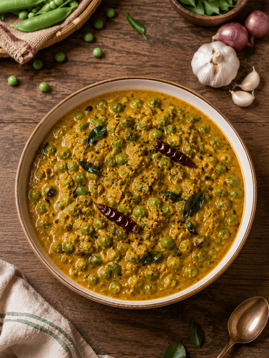 Palkkatti Pattani Curry, paneer and green peas in roasted coconut